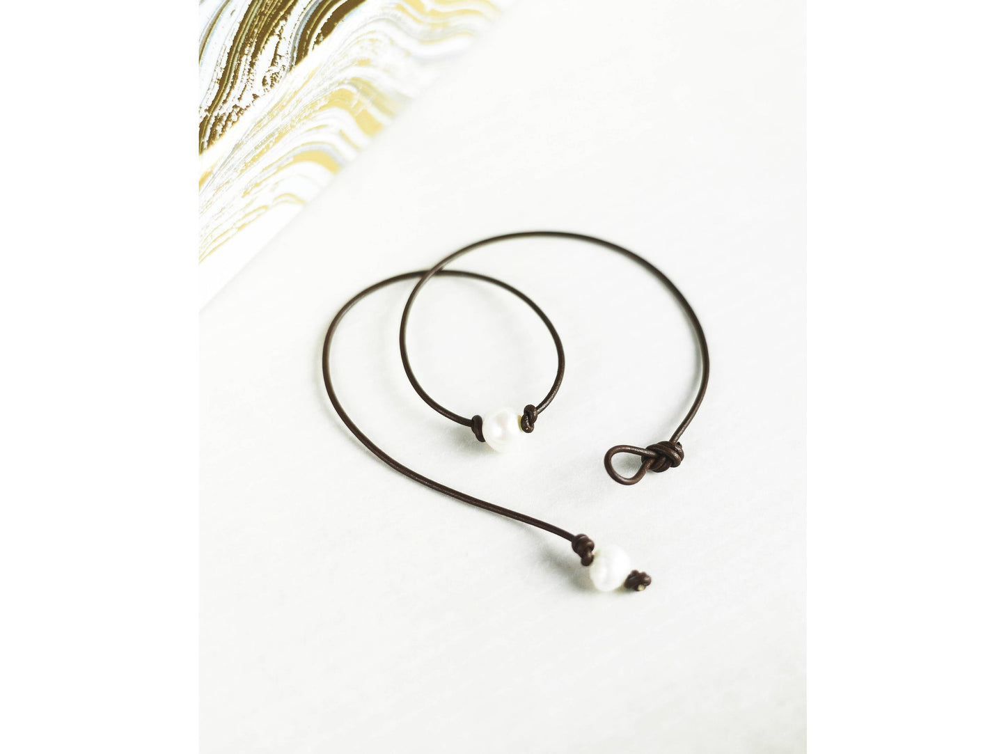 Single Pearl Leather Necklace, Floating Pearl Choker, Unisex Jewelry Gift