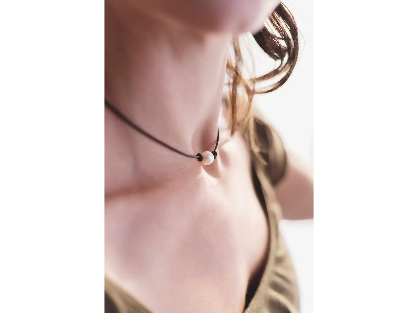 Single Pearl Leather Necklace, Floating Pearl Choker, Unisex Jewelry Gift