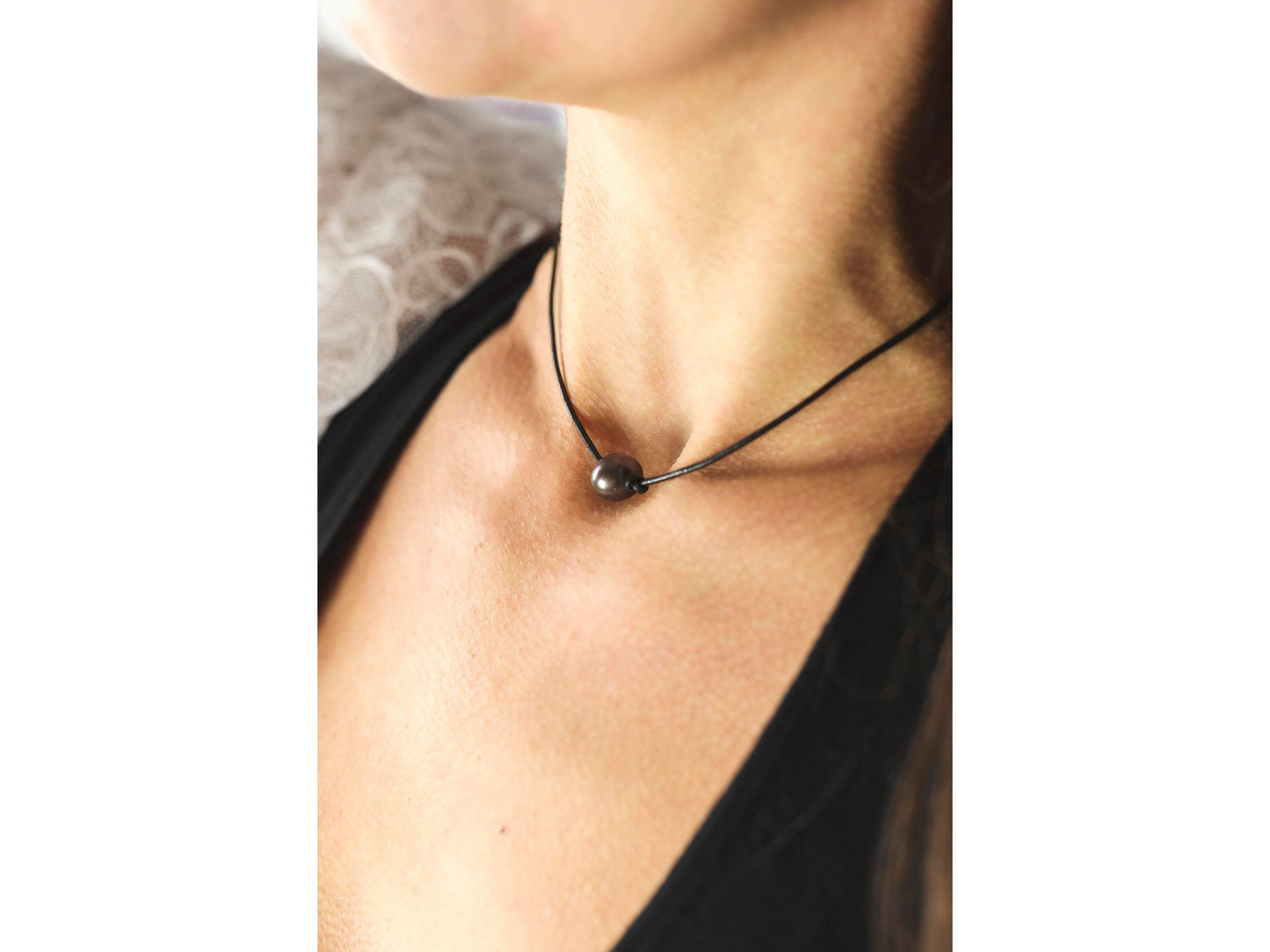 Single Pearl Leather Necklace, Floating Pearl Choker, Unisex Jewelry Gift