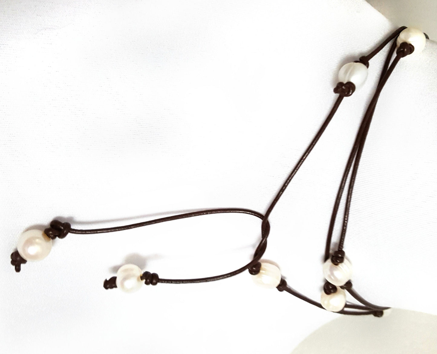 Long pearl station necklace, leather and pearl bracelet, 3rd anniversary gift for wife,