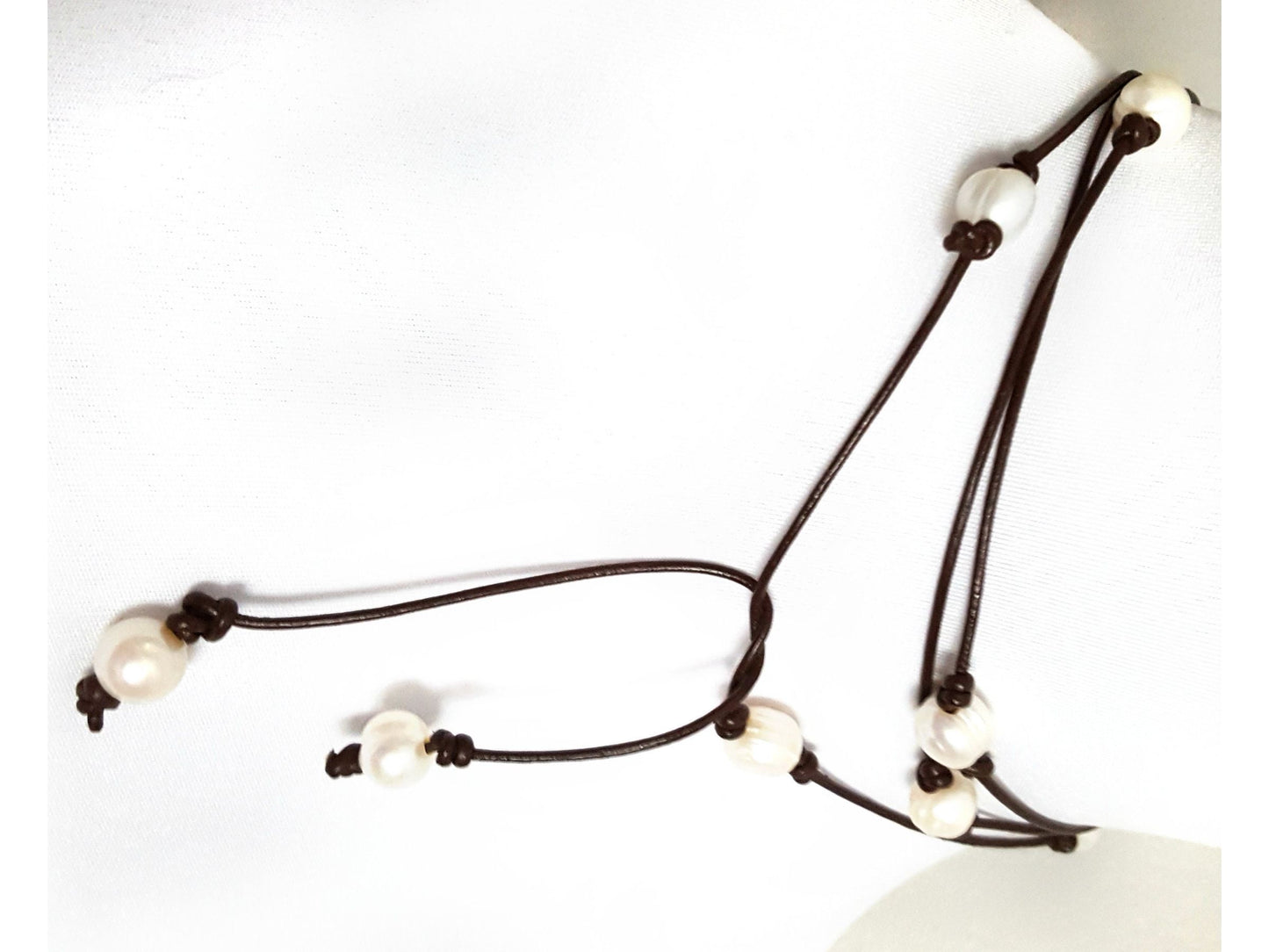 Long pearl station necklace, leather and pearl bracelet, 3rd anniversary gift for wife,