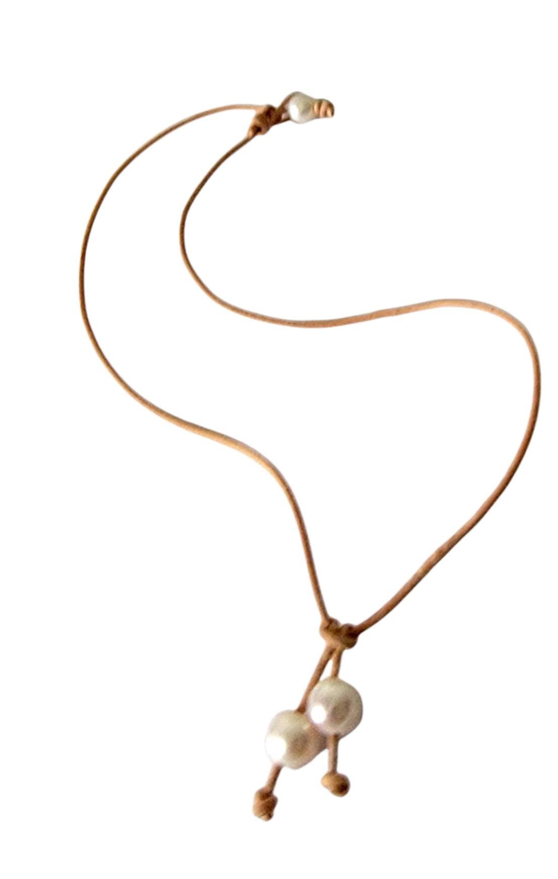 Leather and pearl drop necklace, 3rd anniversary gift for wife girlfriend, Bohemian style jewelry,