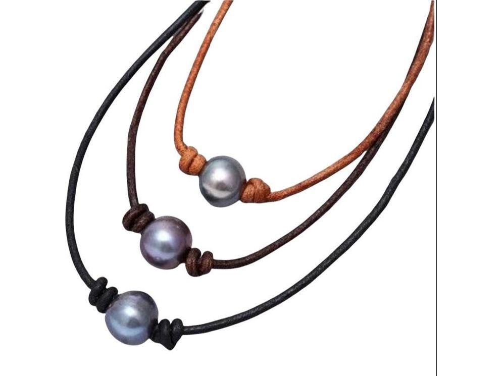 Single Pearl Leather Necklace, Floating Pearl Choker, Unisex Jewelry Gift