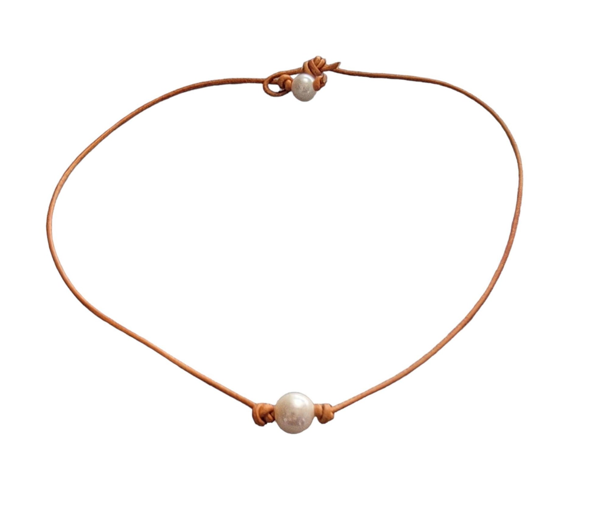 Single Pearl Leather Necklace, Floating Pearl Choker, Unisex Jewelry Gift