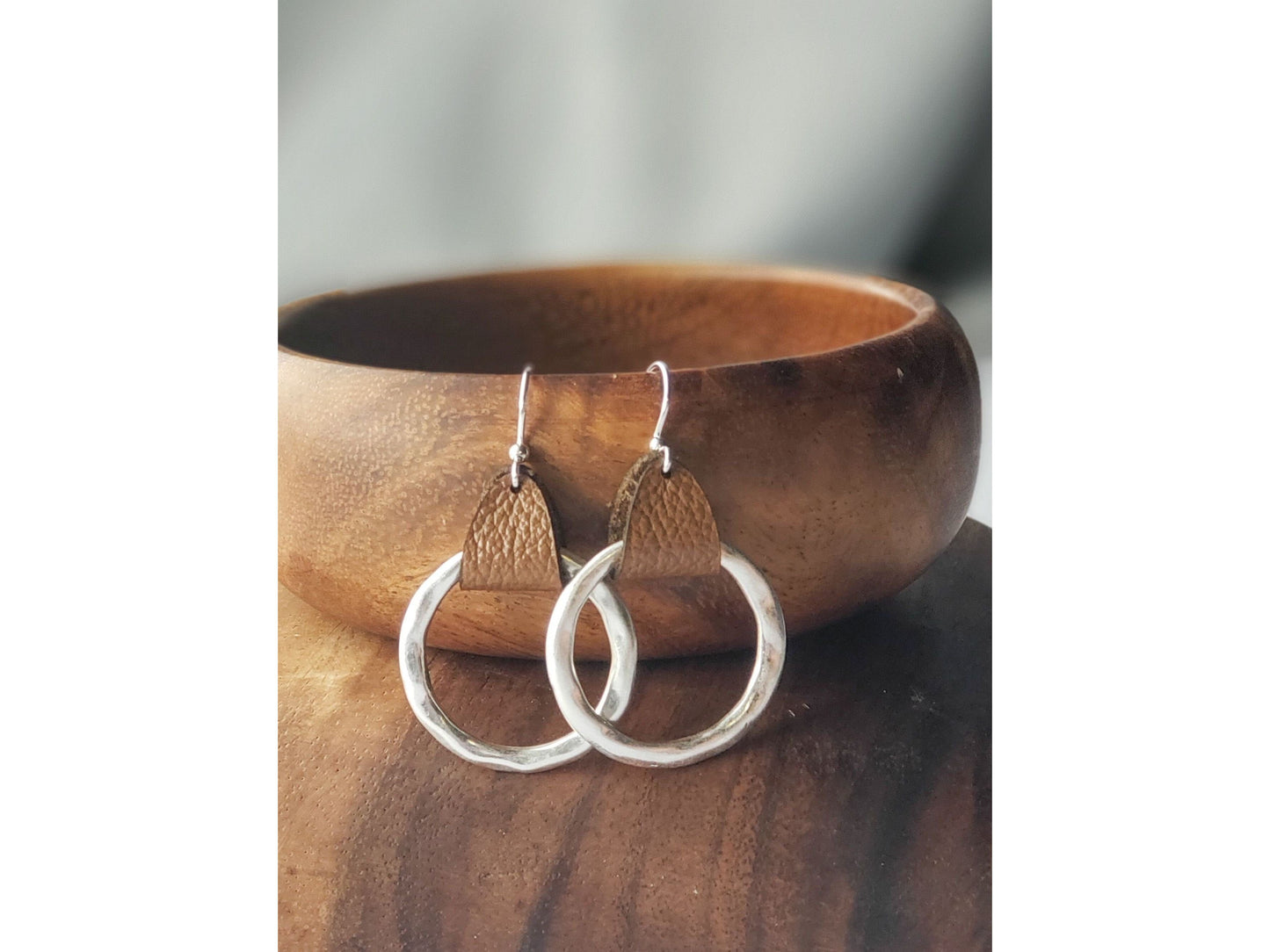 Rustic Genuine Leather hammered metal Hoop Earrings, Mother's day gift of Bohemian style earrings from son