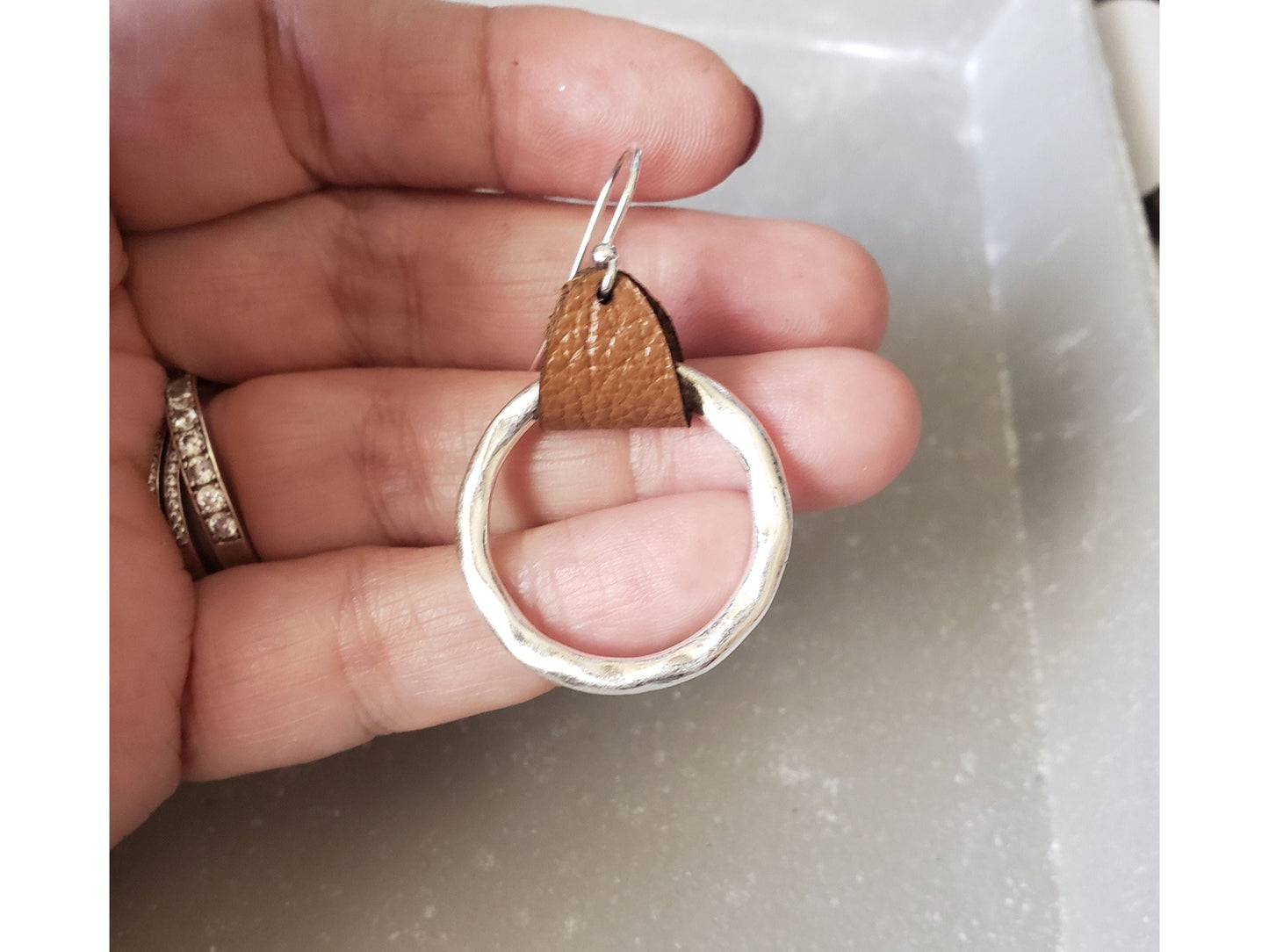 Rustic Genuine Leather hammered metal Hoop Earrings, Mother's day gift of Bohemian style earrings from son