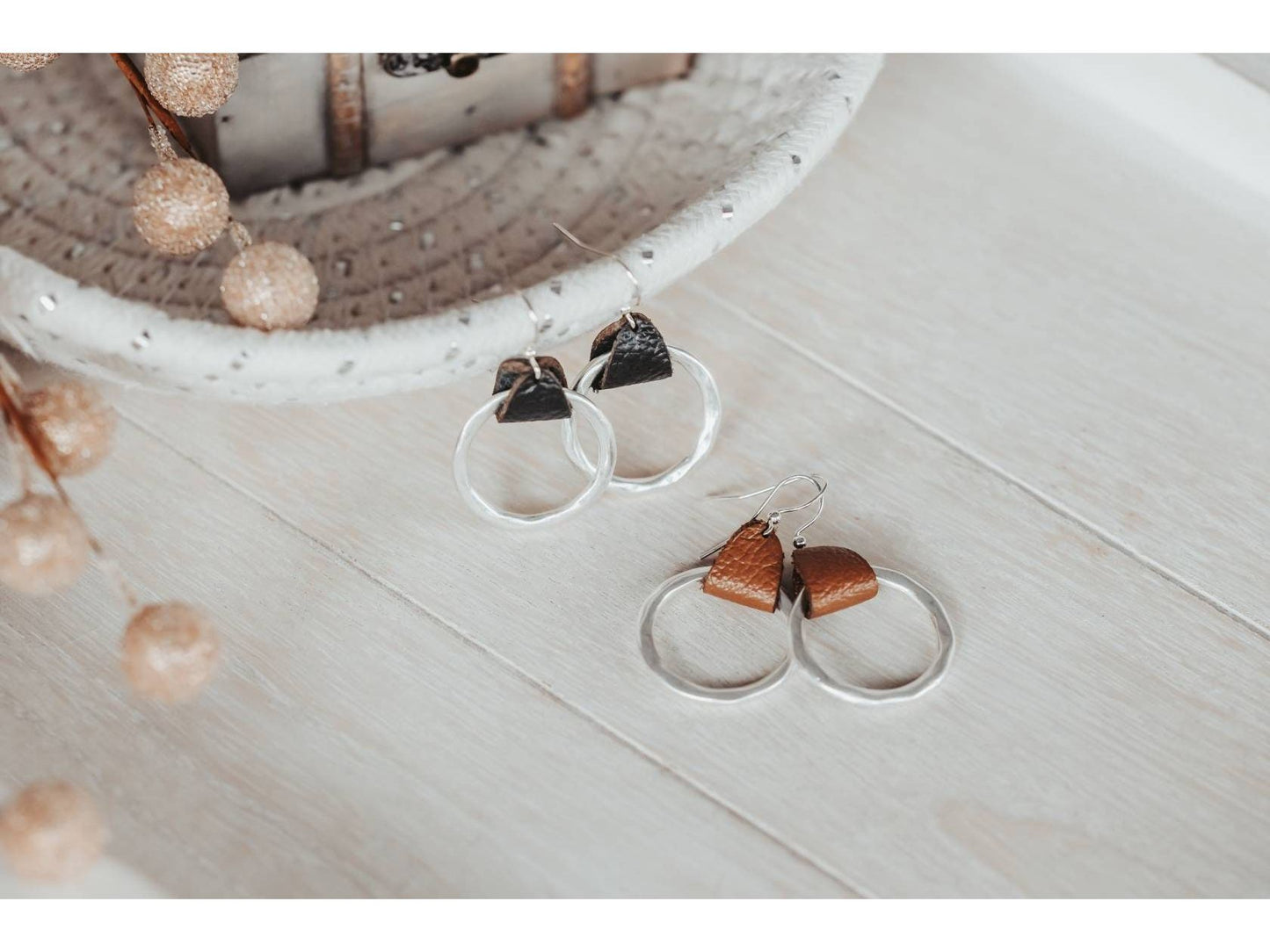 Rustic Genuine Leather hammered metal Hoop Earrings, Mother's day gift of Bohemian style earrings from son