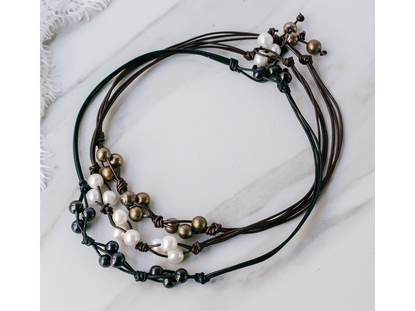 Leather and Pearl Cluster necklace, 3rd anniversary gift for wife, 3 strand knotted pearl leather necklace,
