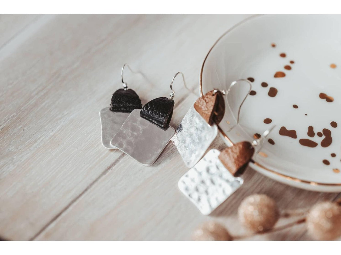 Mother's Day gift from kids, Leather strap Hammered square earrings,
