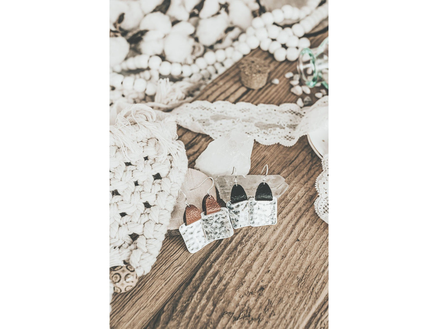 Mother's Day gift from kids, Leather strap Hammered square earrings,