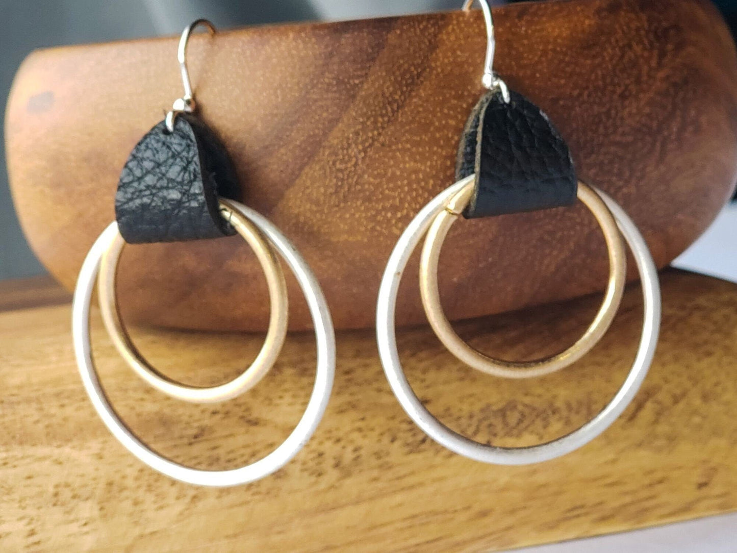 Double Hoop mixed metal leather Earrings, Mothers day gift