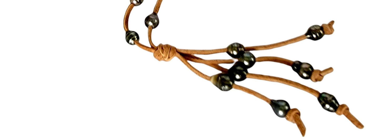 Black Tahitian pearls suede leather necklace, lariat style Y necklace, 3rd anniversary gift for wife,