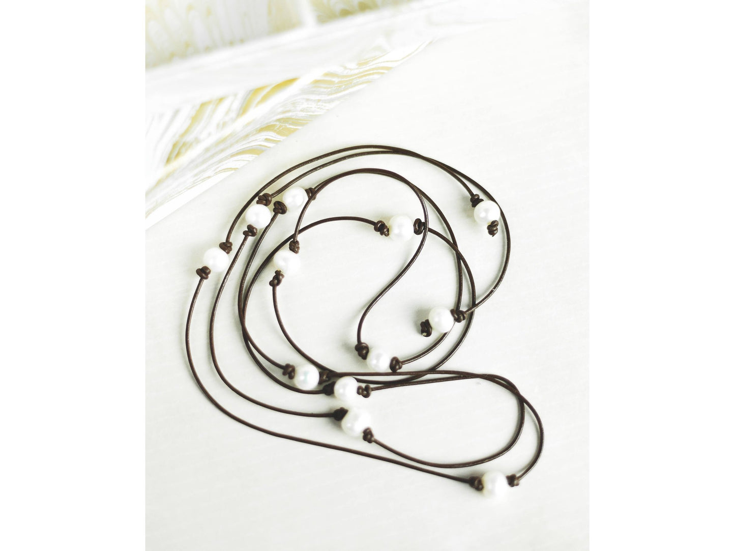 Long Leather Pearl wrap necklace, 3rd anniversary gift for women