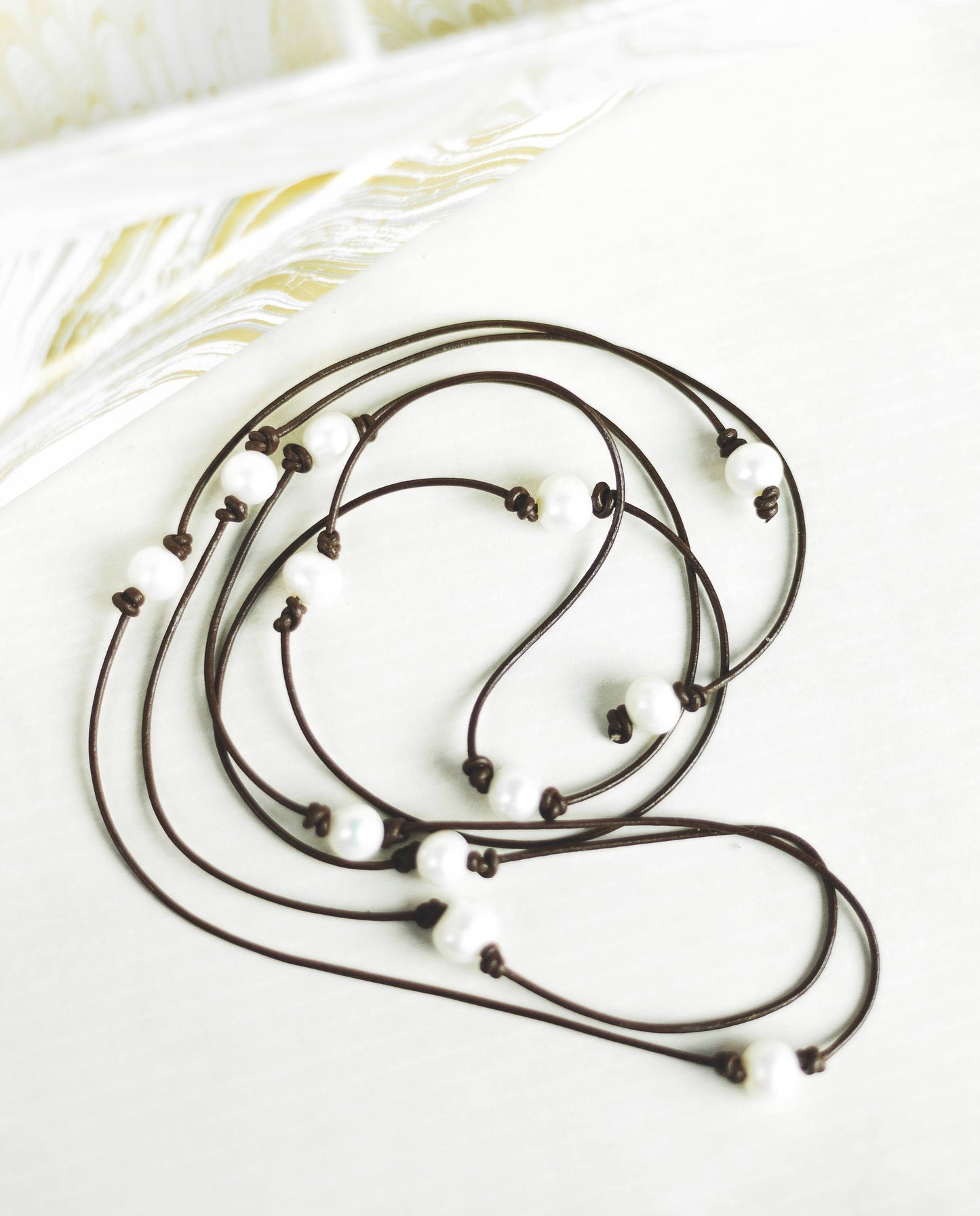 Long Leather Pearl wrap necklace, 3rd anniversary gift for women