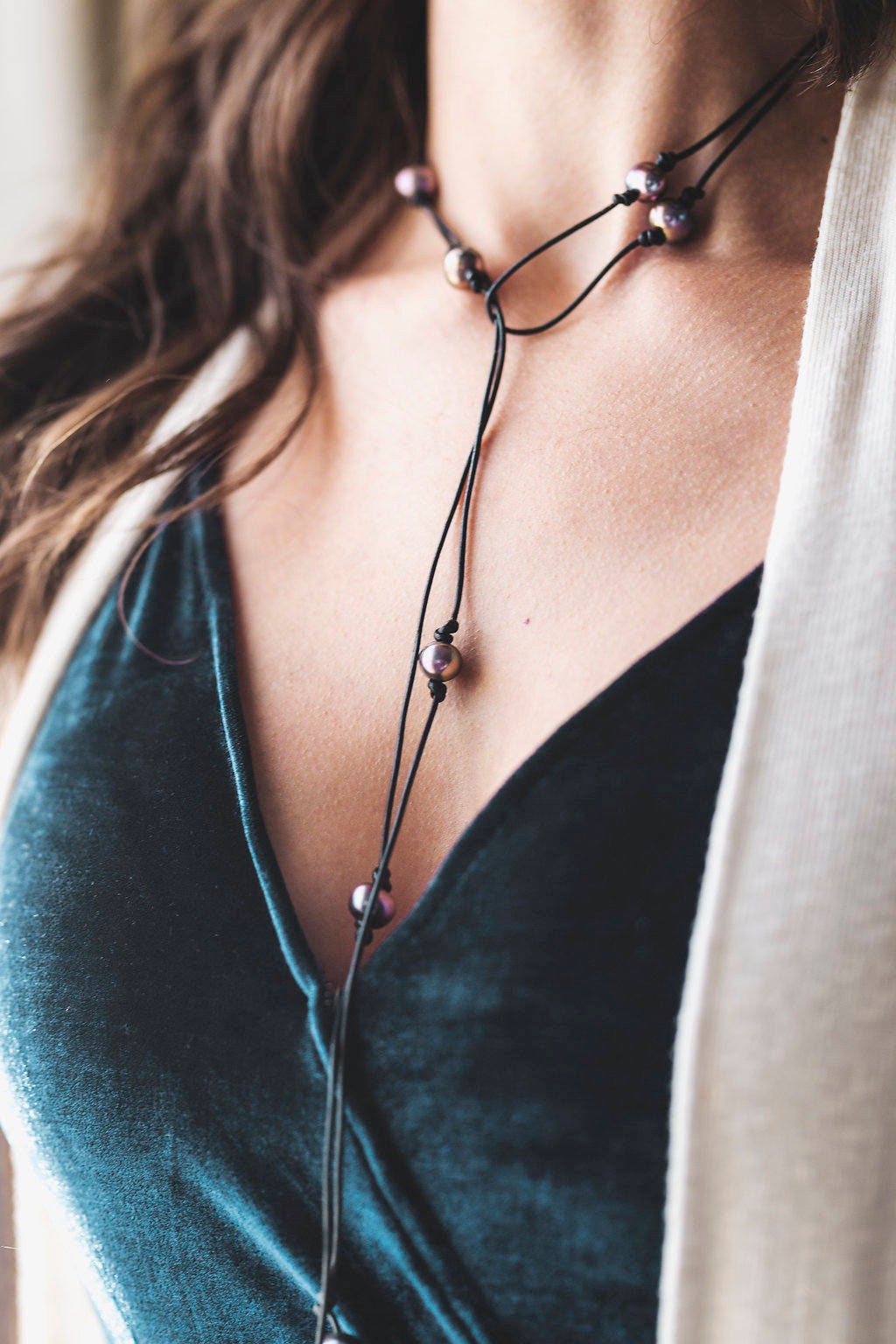 Long Leather Pearl wrap necklace, 3rd anniversary gift for women