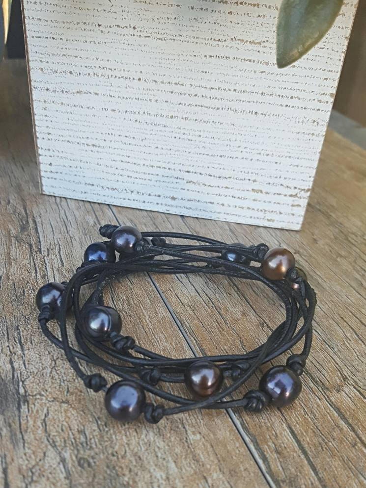 Long Leather Pearl wrap necklace, 3rd anniversary gift for women
