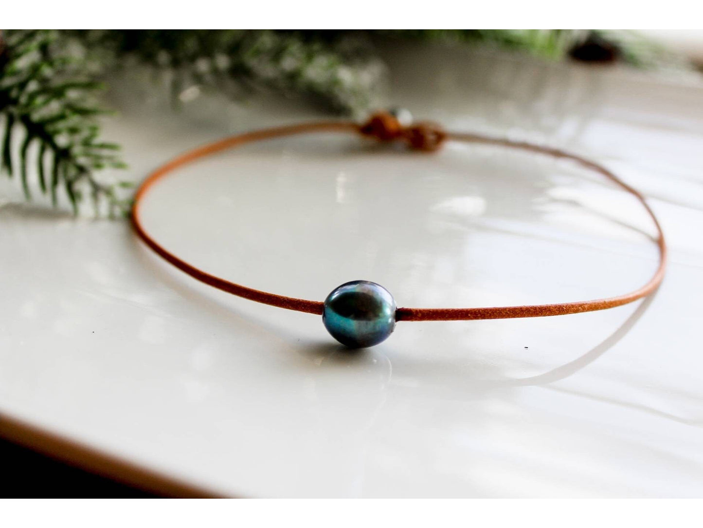 Single Pearl Leather choker necklace, White Pearl necklace