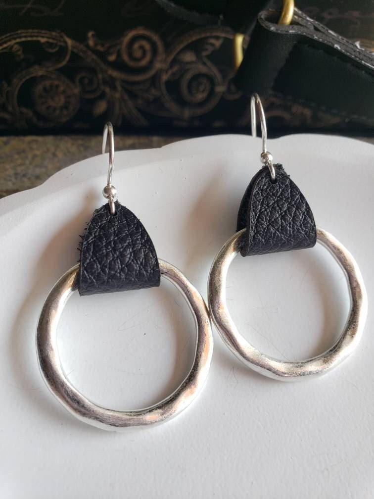 Bohemian Leather hoop earrings, 3rd anniversary gift of leather for wife,