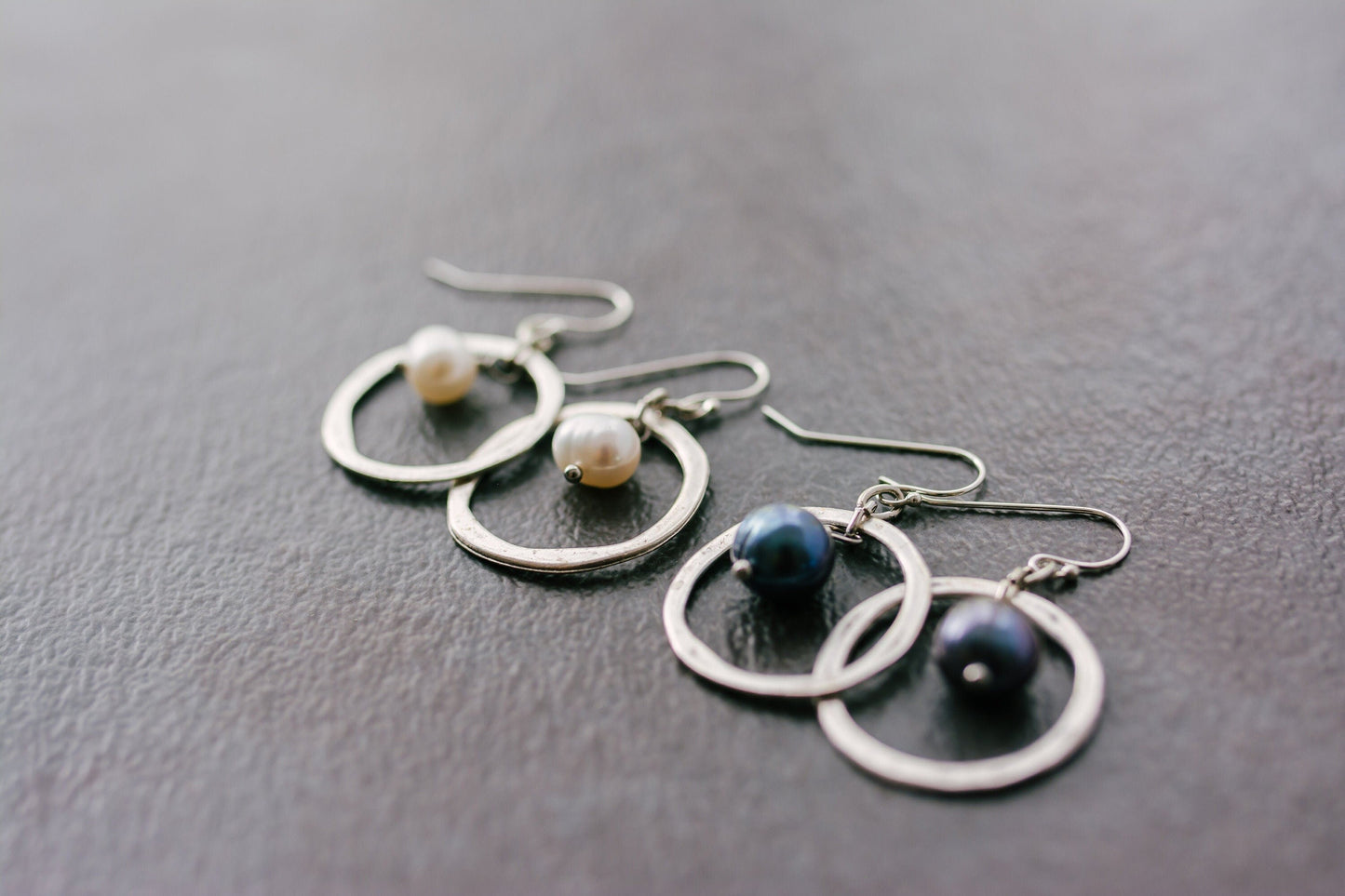 Hoop earrings with pearl charm, Hammered hoop earrings, Pearl earrings