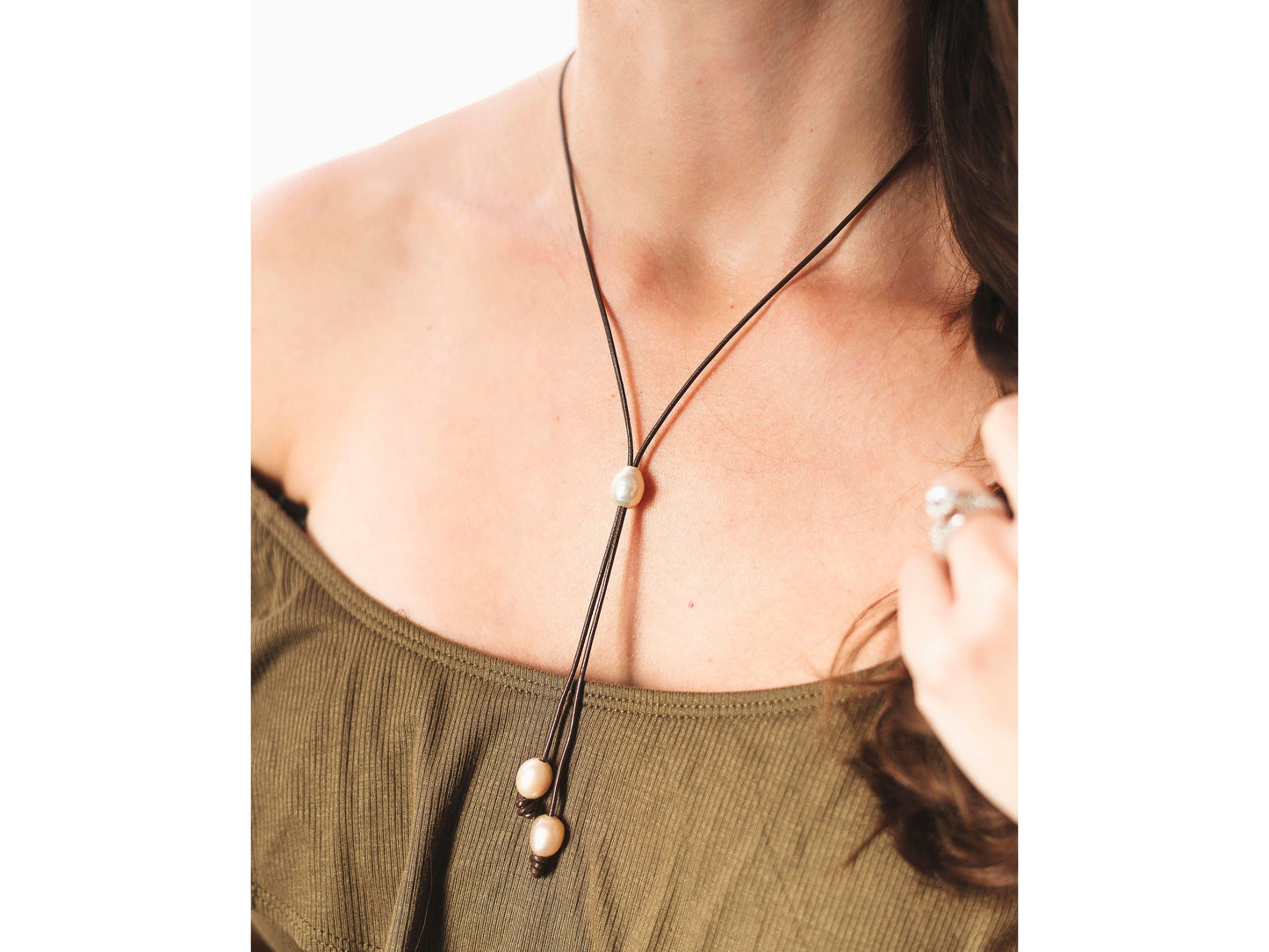 Valentine Day gift for wife, Leather pearl lariat slide necklace,
