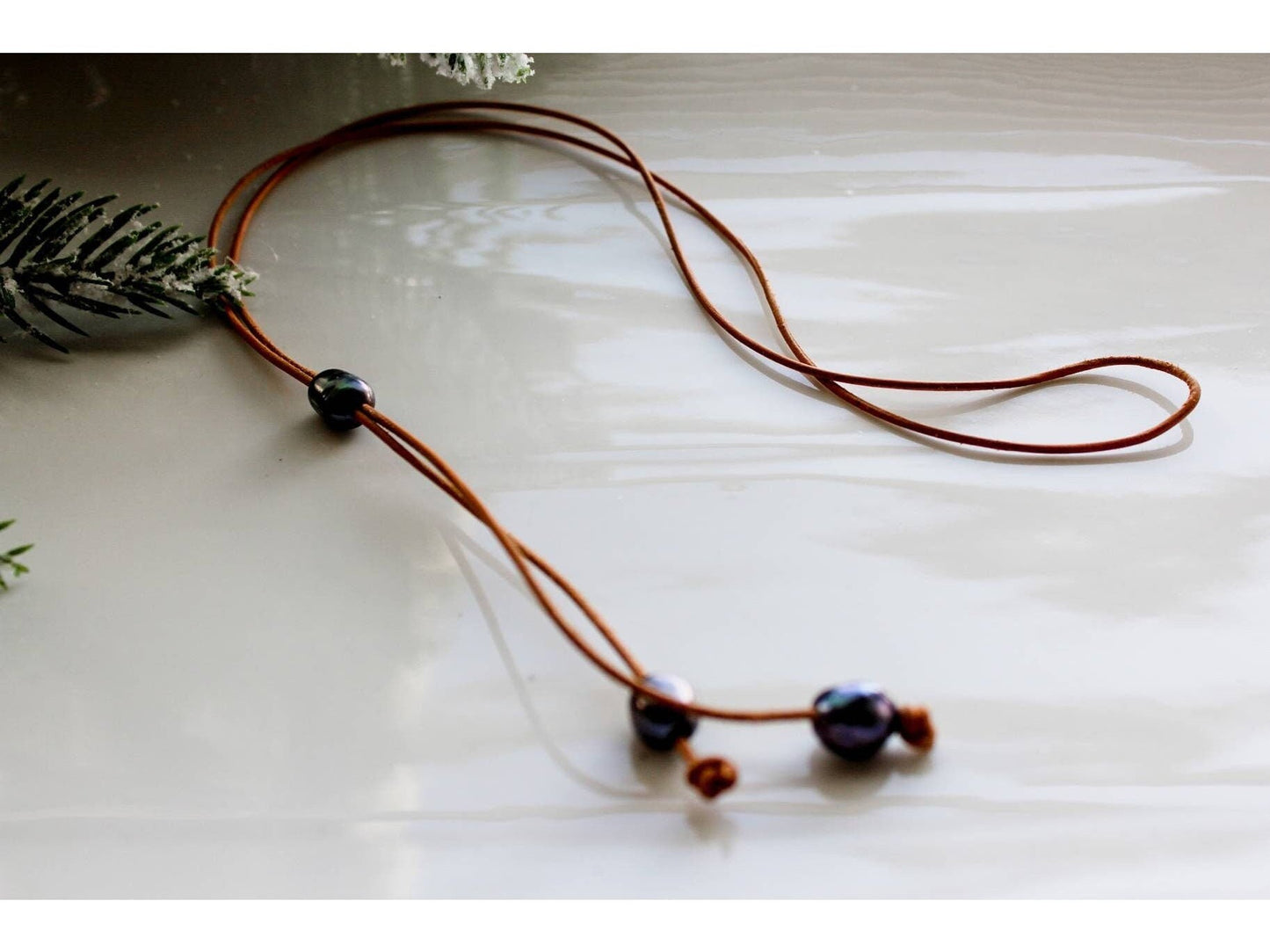 Valentine Day gift for wife, Leather pearl lariat slide necklace,