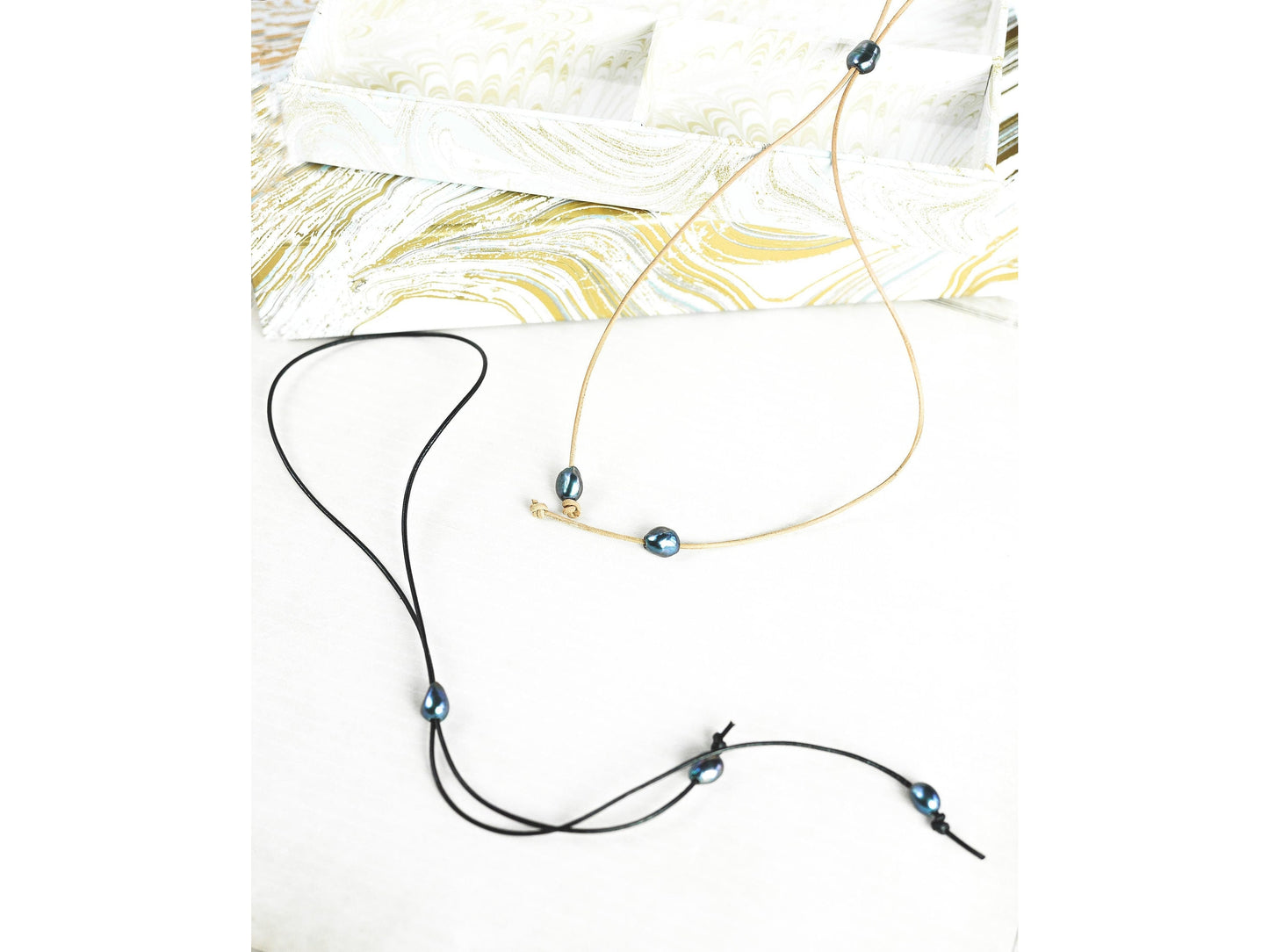 Valentine Day gift for wife, Leather pearl lariat slide necklace,