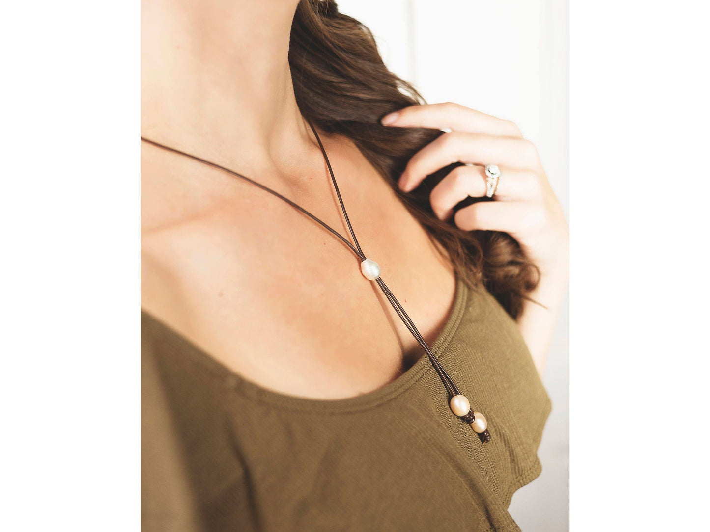 Valentine Day gift for wife, Leather pearl lariat slide necklace,