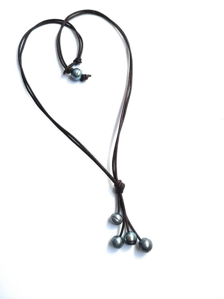 Black Pearl double strand Leather Y necklace, 3rd Anniversary gift of Leather and pearls