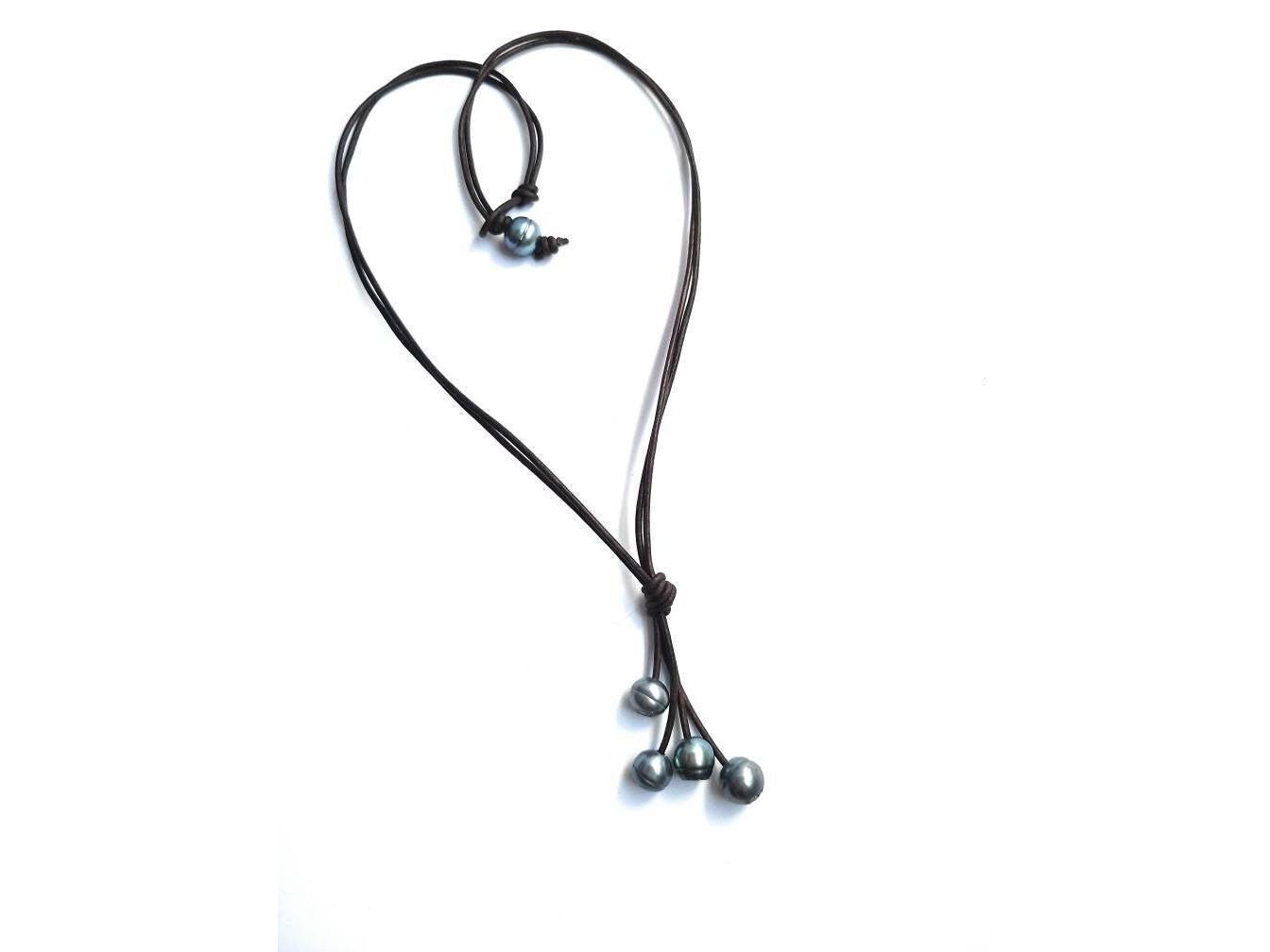 Black Pearl double strand Leather Y necklace, 3rd Anniversary gift of Leather and pearls