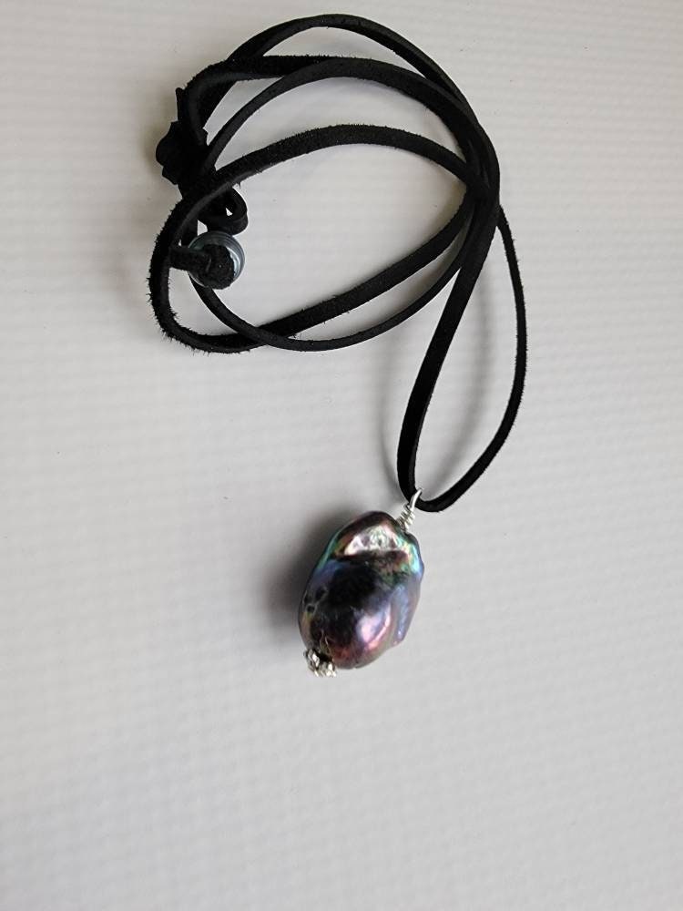 Peacock Baroque Flameball Pearl Pendant on Long Leather cord, Men's necklace