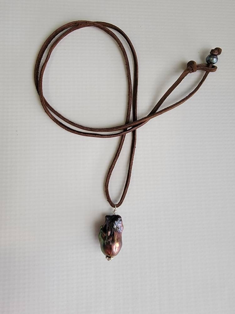 Peacock Baroque Flameball Pearl Pendant on Long Leather cord, Men's necklace