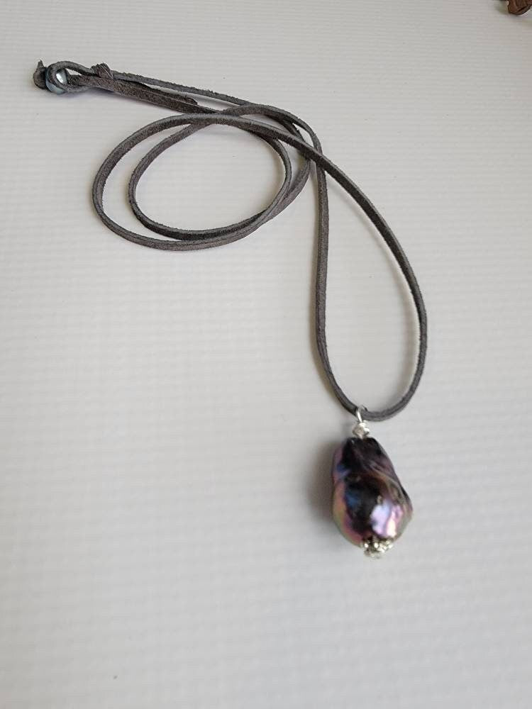 Peacock Baroque Flameball Pearl Pendant on Long Leather cord, Men's necklace