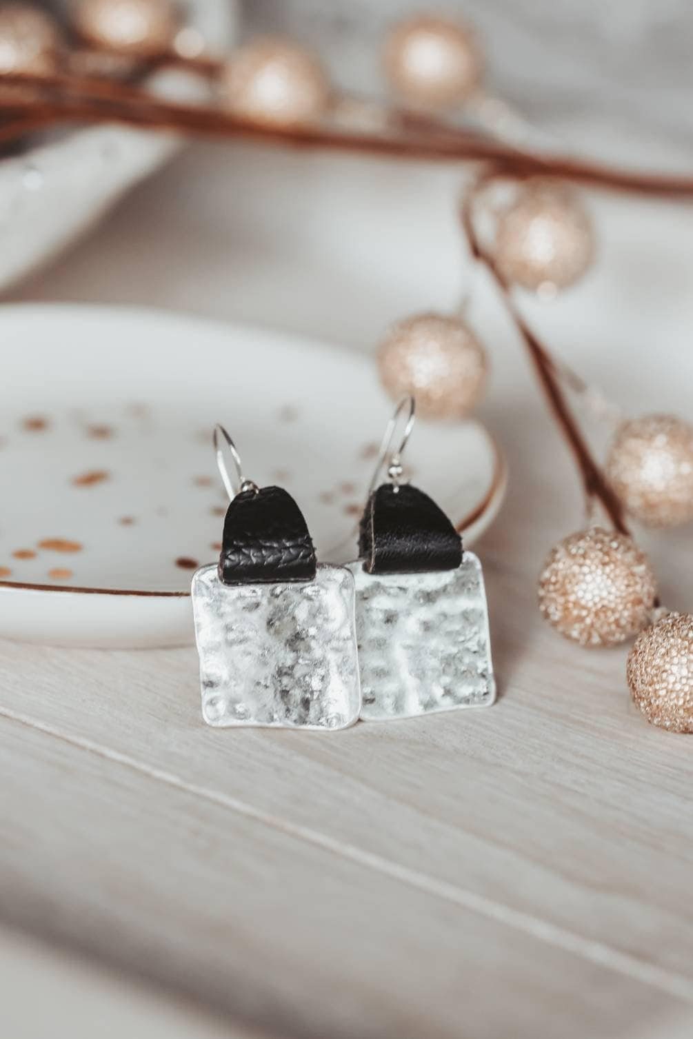 Hammered Square Earrings, 3rd Anniversary Gift of Leather Earrings for Her,