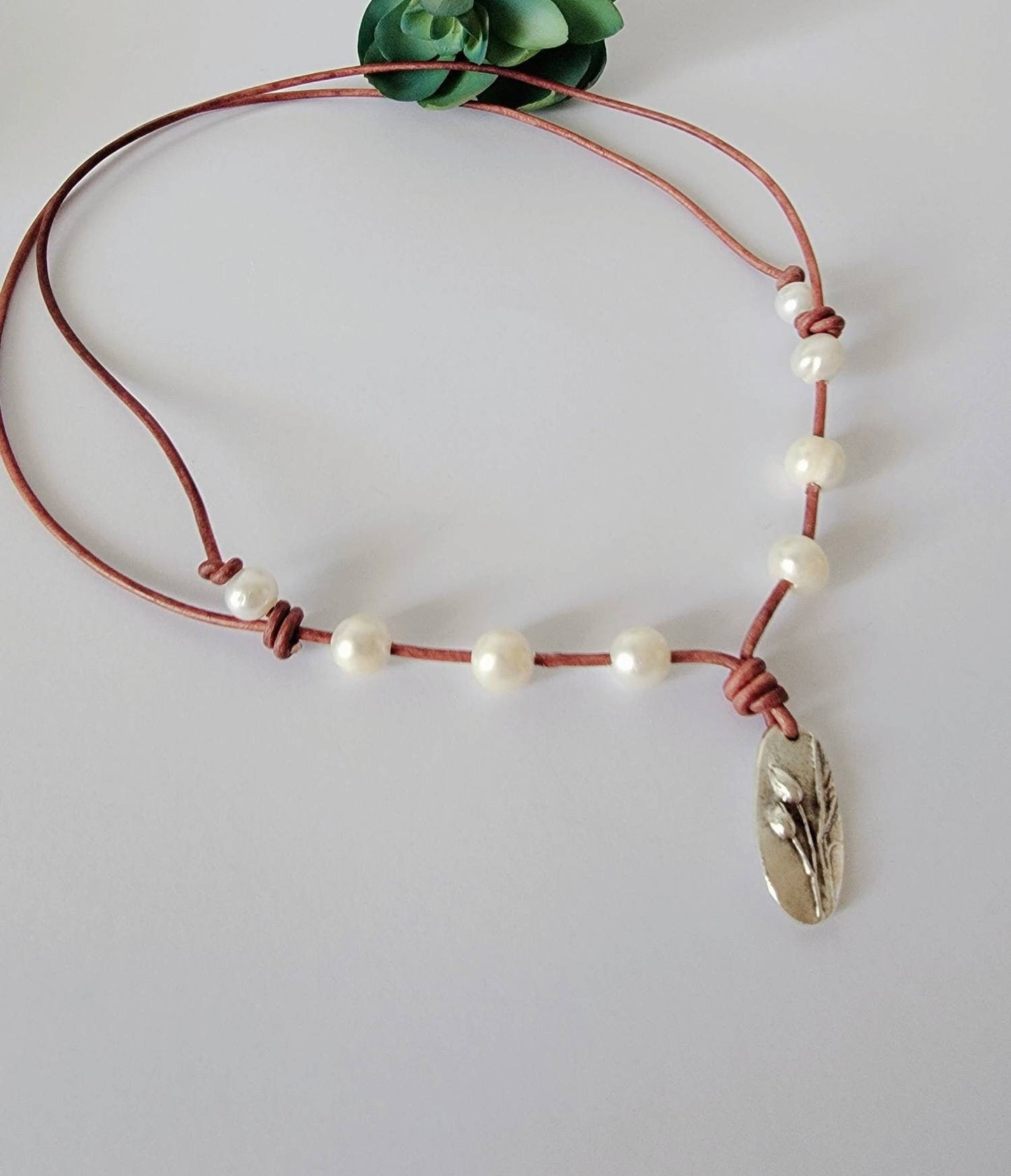 Iris pendant leather pearl necklace, Statement jewelry, adjustable length necklace, 3rd anniversary gift of leather
