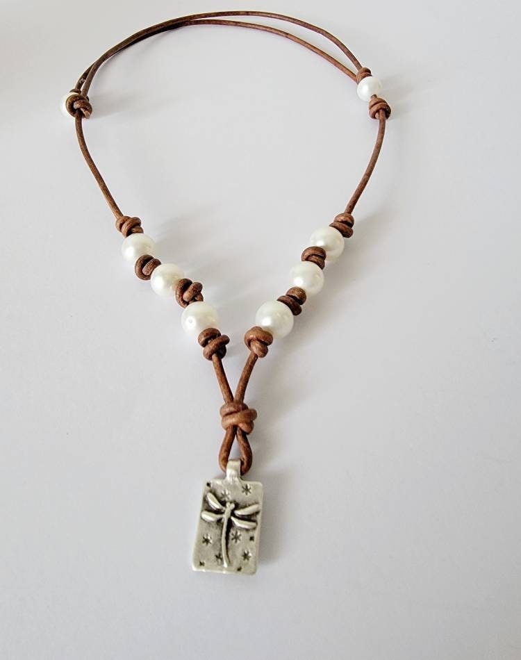 Gift for mom from daughter, Leather Pearl Dragonfly pendant necklace, adjustable length