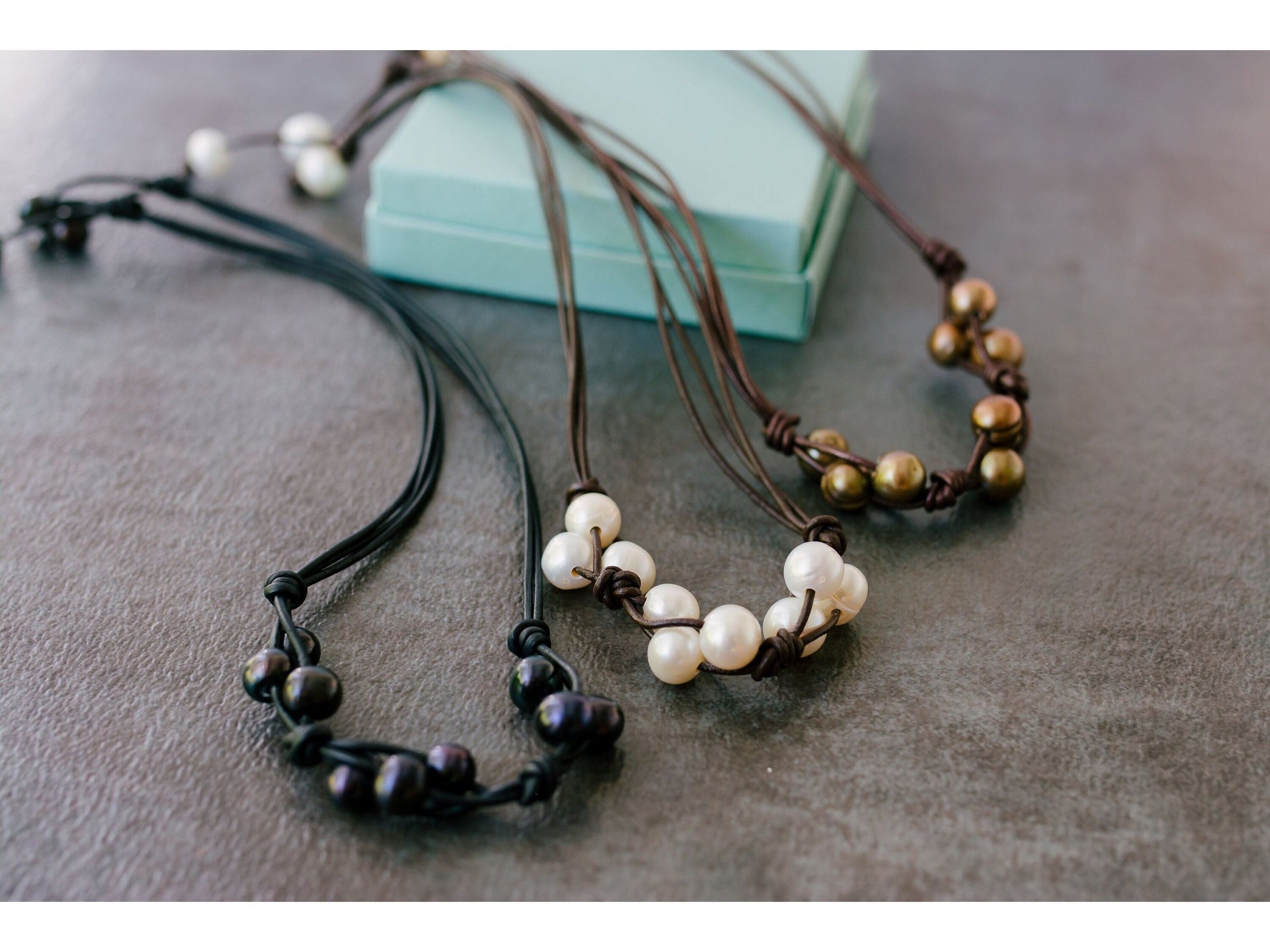 Leather Pearl cluster necklace, 3rd Anniversary gift for her