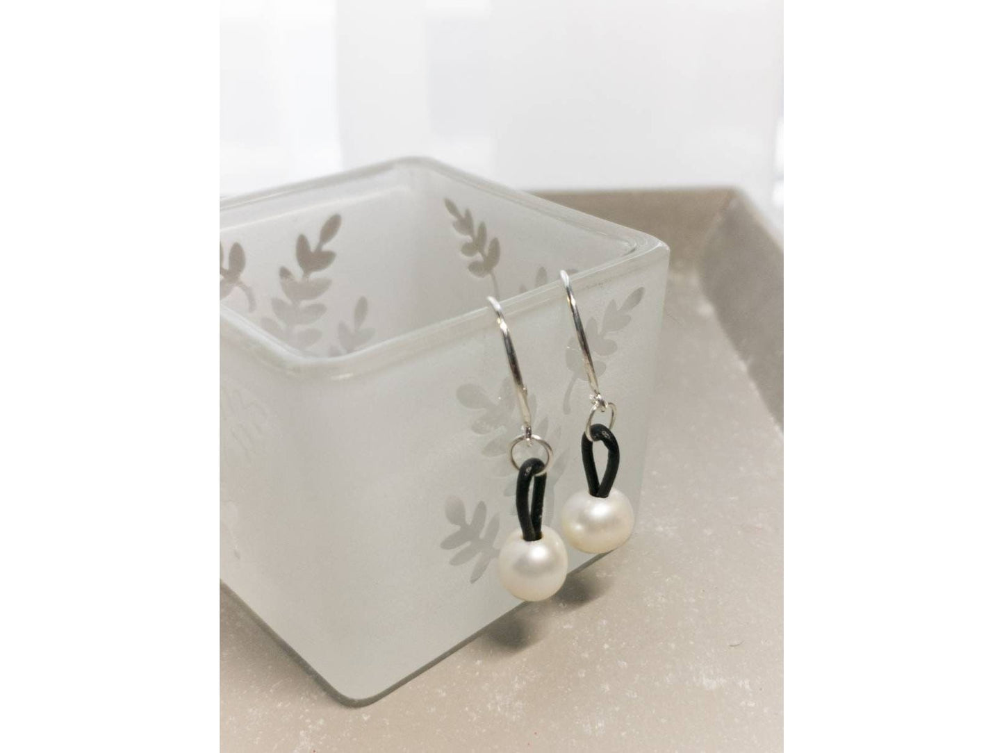 Leather pearl earring, 3rd anniversary gift for woman