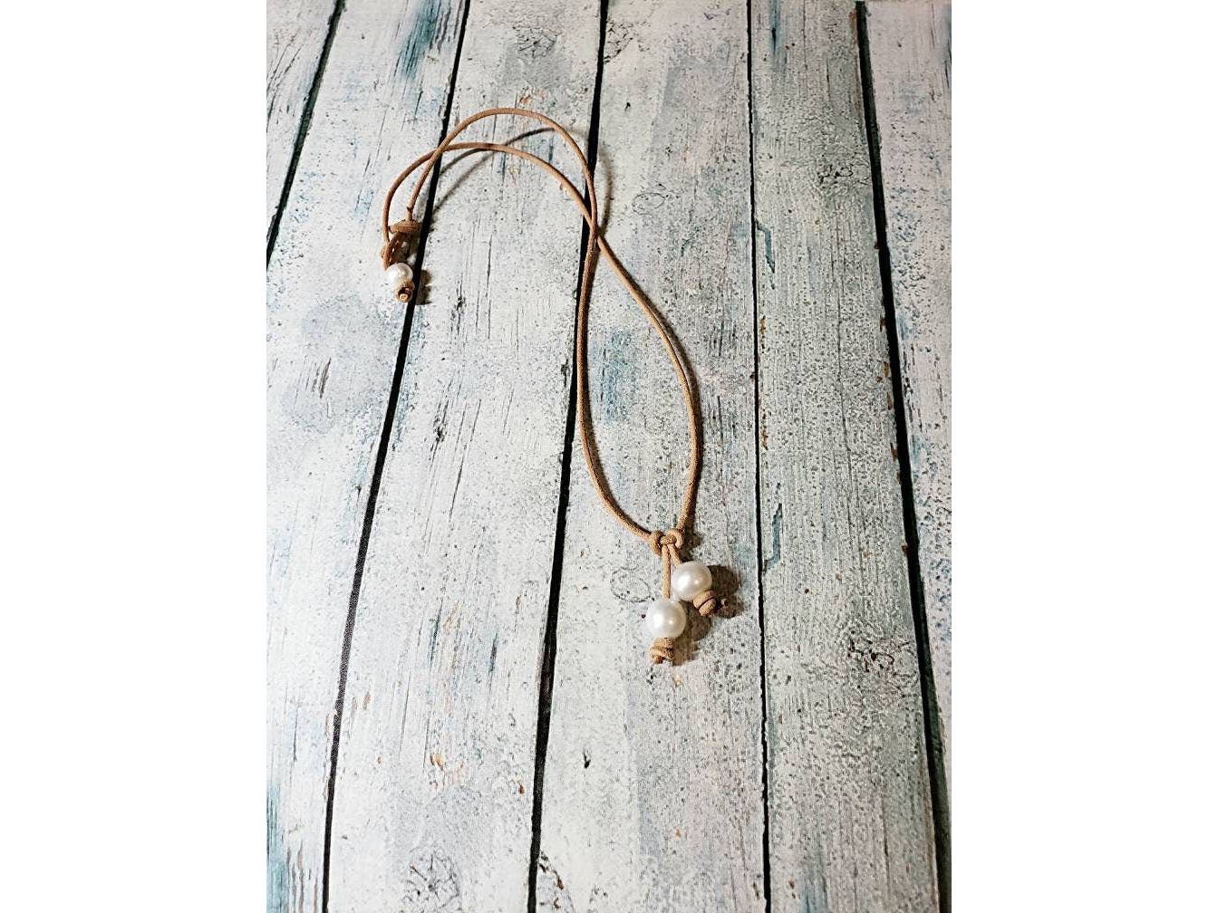 Leather pearl drop necklace, Summer Beach jewelry, 3rd anniversary gift for wife girlfriend,