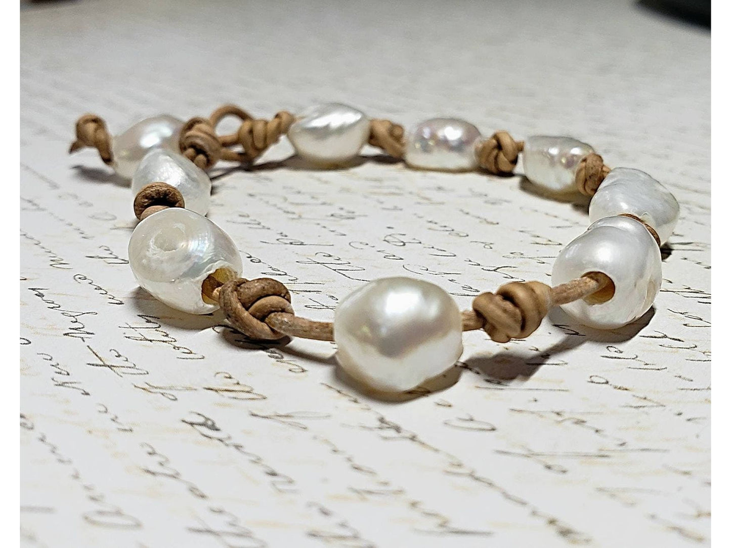 Coastal Grandmother collection, Pearls knotted leather bracelet.