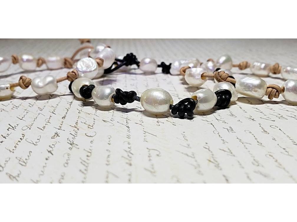 Leather Pearl Bracelet, Coastal Grandmother style collection