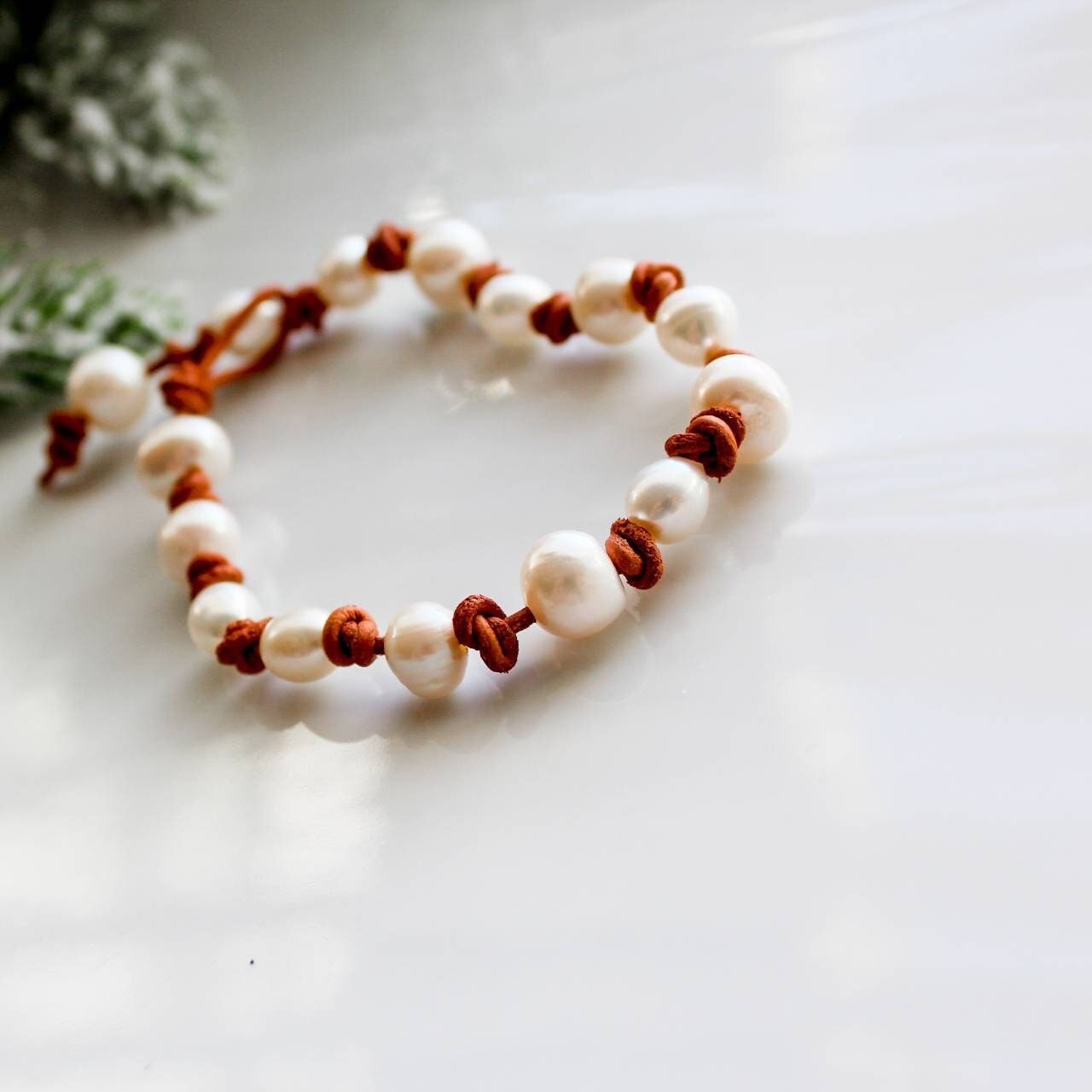 Leather Pearl Bracelet, Coastal Grandmother style collection