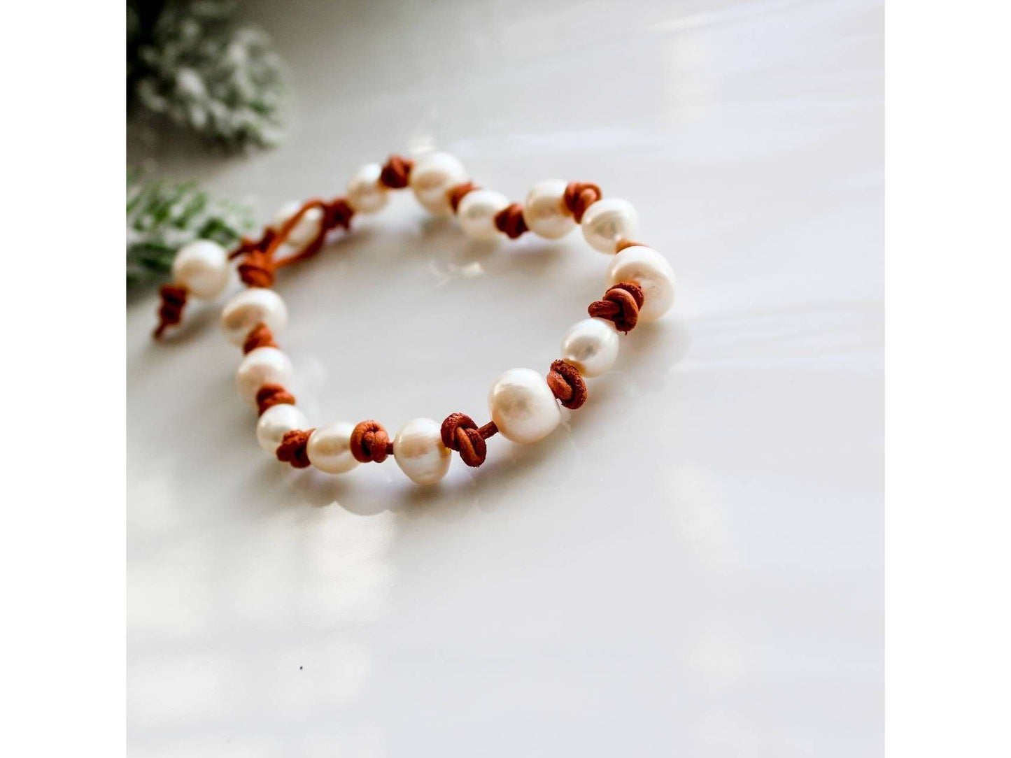 Leather Pearl Bracelet, Coastal Grandmother style collection