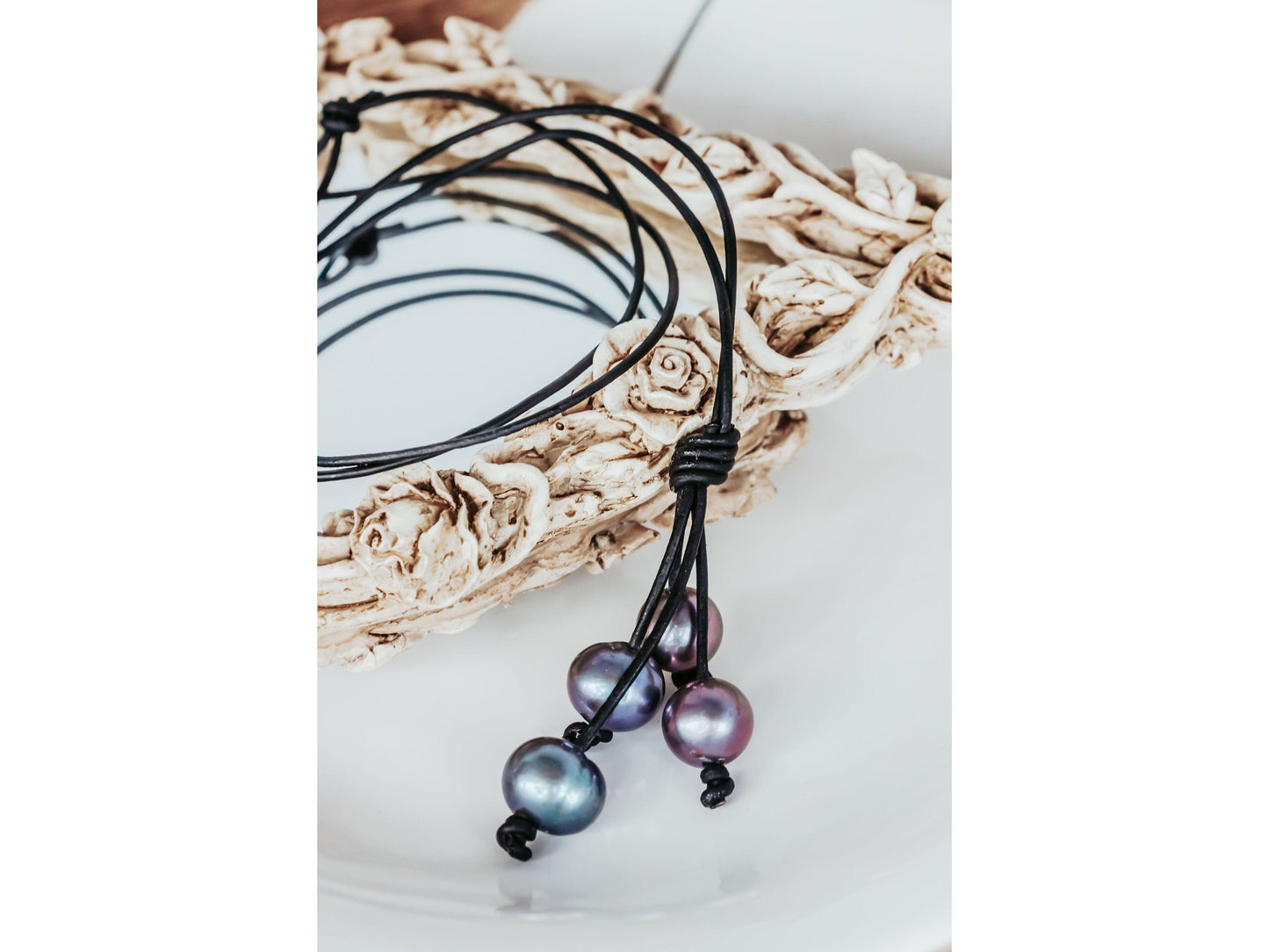 Leather Pearl Tassel Necklace, Pearl Y necklace,