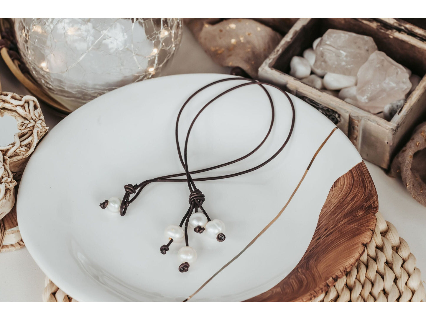 Leather Pearl Tassel Necklace, Pearl Y necklace,