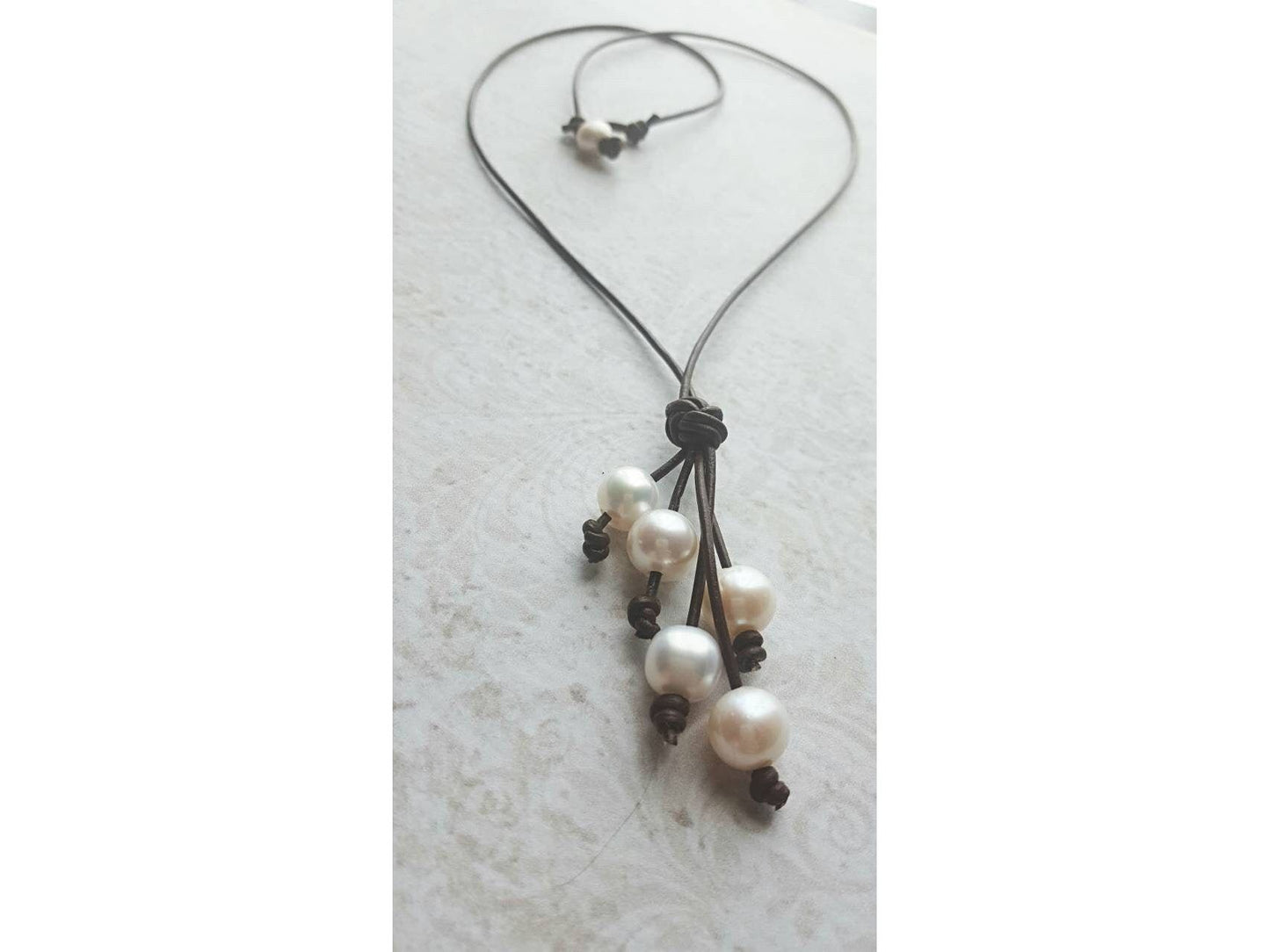 Leather Pearl Tassel Necklace, Pearl Y necklace,
