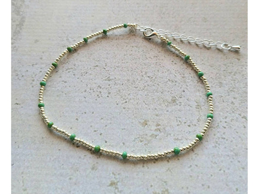 Beaded ankle bracelet, green and silver anklet, gift for best friend, Beaded cruise jewelry