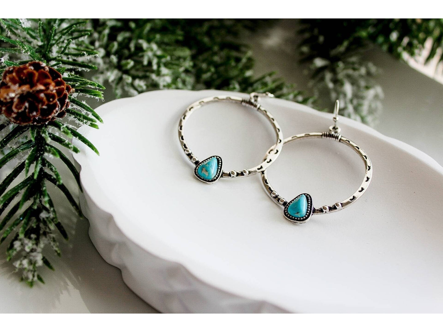 Turquoise green nugget on silver hoops, southwest style earrings