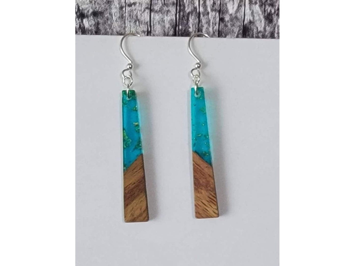 Long Wood Green Resin light weight earrings, hypoallergenic ear wires, Mother's day gift from kids