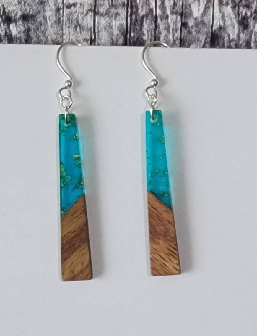 Long Wood Green Resin light weight earrings, hypoallergenic ear wires, Mother's day gift from kids