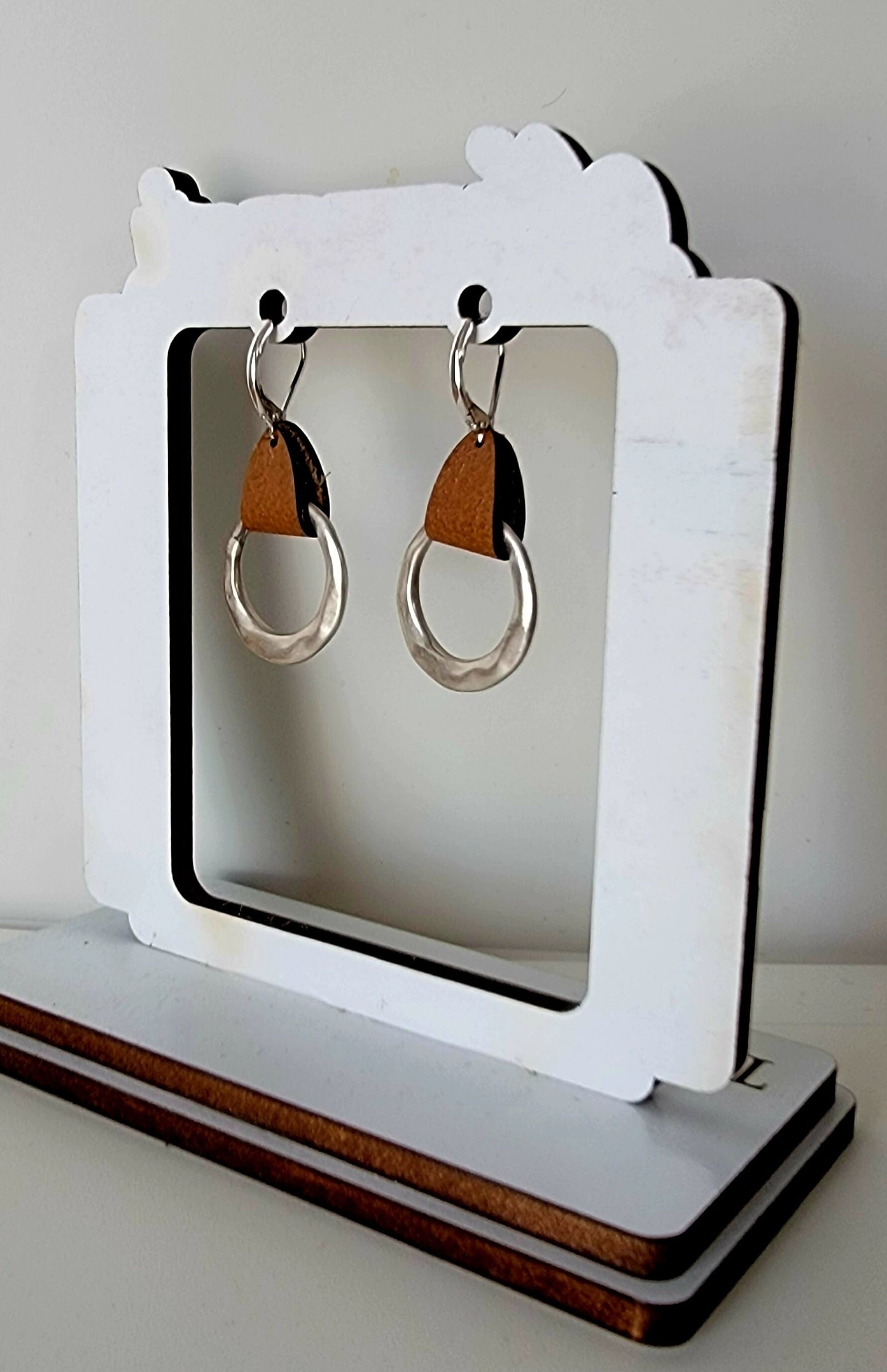 Hammered Hoop Dangly Earrings, Brown Leather Jewelry, 3rd Anniversary Gift for Wife